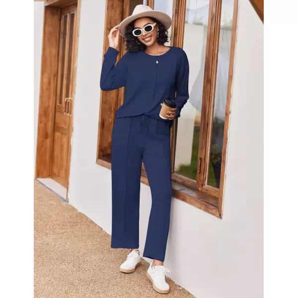 imageEkouaer Pajama Sets for Women 2 Piece Lounge Sets Long Sleeve Sleepwear Top and Pants Cozy Pjs Loungewear with Pockets SXXLNavy