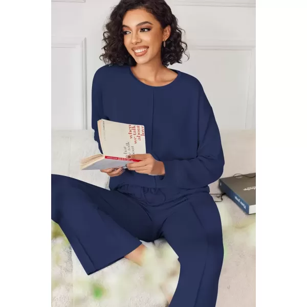 imageEkouaer Pajama Sets for Women 2 Piece Lounge Sets Long Sleeve Sleepwear Top and Pants Cozy Pjs Loungewear with Pockets SXXLNavy
