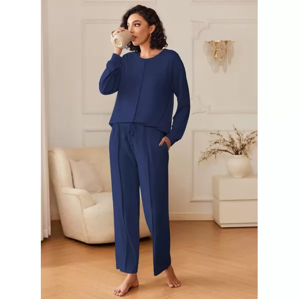 imageEkouaer Pajama Sets for Women 2 Piece Lounge Sets Long Sleeve Sleepwear Top and Pants Cozy Pjs Loungewear with Pockets SXXLNavy