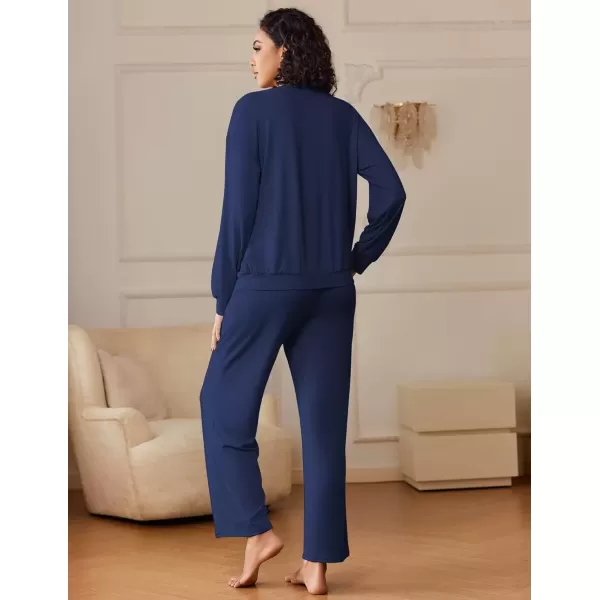 imageEkouaer Pajama Sets for Women 2 Piece Lounge Sets Long Sleeve Sleepwear Top and Pants Cozy Pjs Loungewear with Pockets SXXLNavy