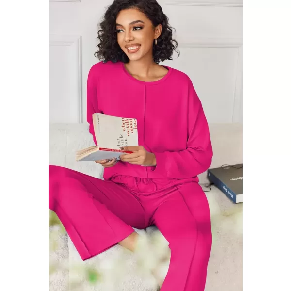 imageEkouaer Pajama Sets for Women 2 Piece Lounge Sets Long Sleeve Sleepwear Top and Pants Cozy Pjs Loungewear with Pockets SXXLRose Red