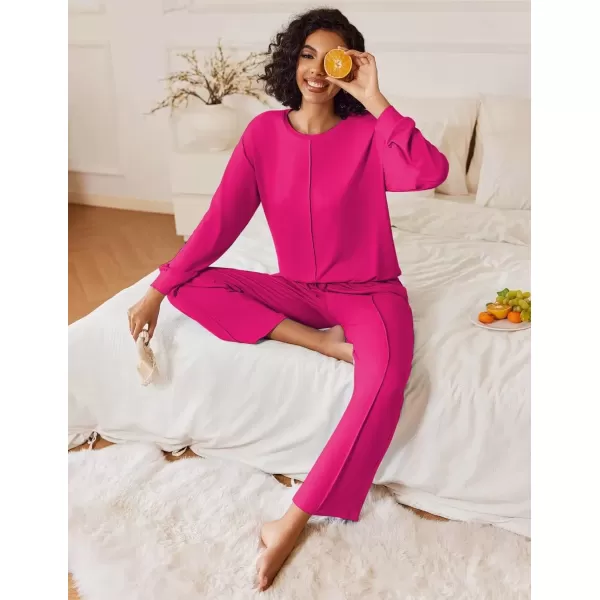 imageEkouaer Pajama Sets for Women 2 Piece Lounge Sets Long Sleeve Sleepwear Top and Pants Cozy Pjs Loungewear with Pockets SXXLRose Red