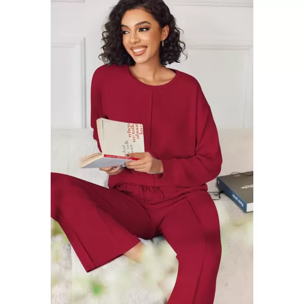 imageEkouaer Pajama Sets for Women 2 Piece Lounge Sets Long Sleeve Sleepwear Top and Pants Cozy Pjs Loungewear with Pockets SXXLWine