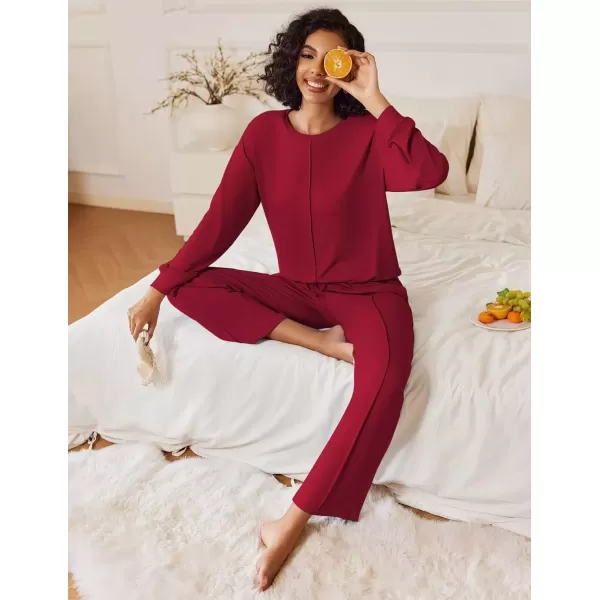 imageEkouaer Pajama Sets for Women 2 Piece Lounge Sets Long Sleeve Sleepwear Top and Pants Cozy Pjs Loungewear with Pockets SXXLWine