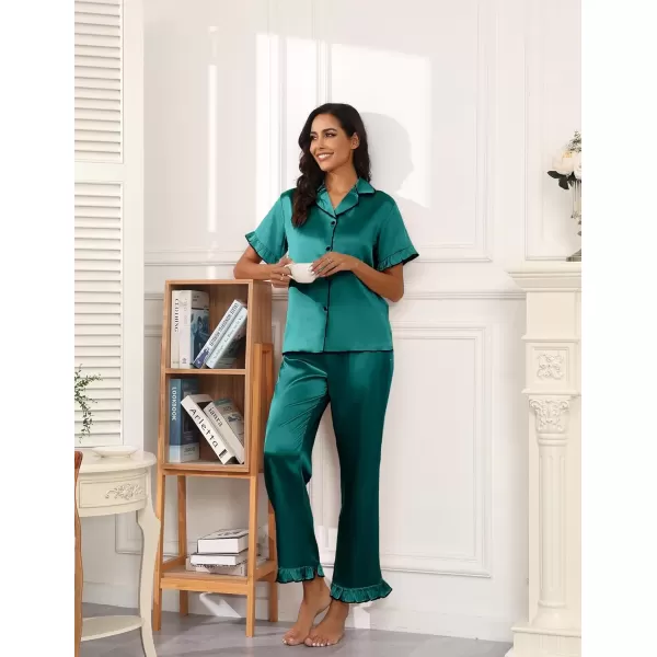 imageEkouaer Silk Pajamas for Women Satin Short Sleeve Pajamas Set with Ruffle 2 Pieces Button Down Tops and PantsBlue Green