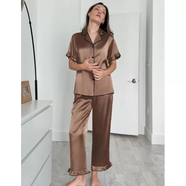 imageEkouaer Silk Pajamas for Women Satin Short Sleeve Pajamas Set with Ruffle 2 Pieces Button Down Tops and PantsBrown