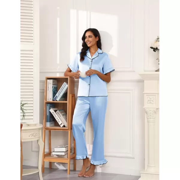 imageEkouaer Silk Pajamas for Women Satin Short Sleeve Pajamas Set with Ruffle 2 Pieces Button Down Tops and PantsClear Blue