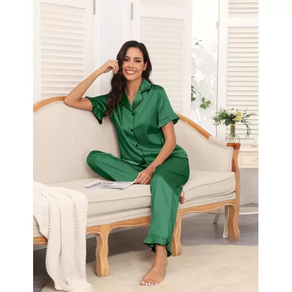 imageEkouaer Silk Pajamas for Women Satin Short Sleeve Pajamas Set with Ruffle 2 Pieces Button Down Tops and PantsDeep Green