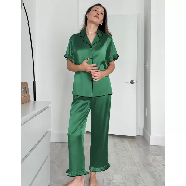 imageEkouaer Silk Pajamas for Women Satin Short Sleeve Pajamas Set with Ruffle 2 Pieces Button Down Tops and PantsDeep Green