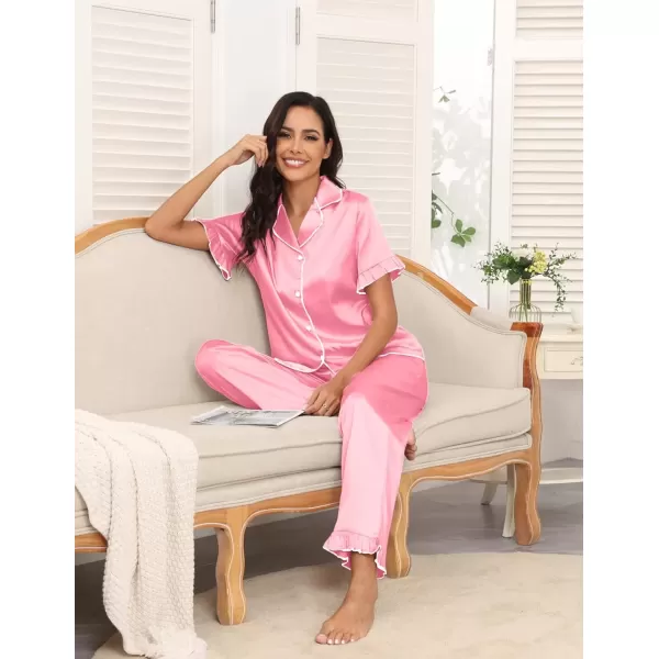 imageEkouaer Silk Pajamas for Women Satin Short Sleeve Pajamas Set with Ruffle 2 Pieces Button Down Tops and PantsDeep Pink