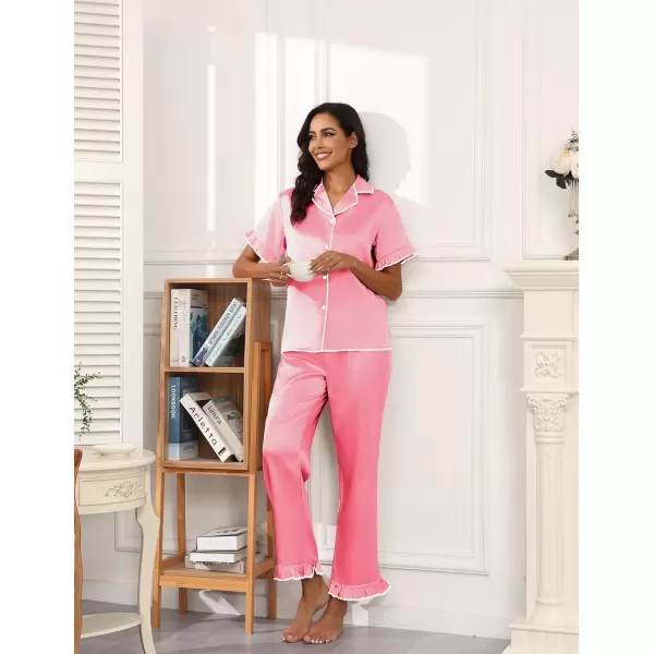 imageEkouaer Silk Pajamas for Women Satin Short Sleeve Pajamas Set with Ruffle 2 Pieces Button Down Tops and PantsDeep Pink