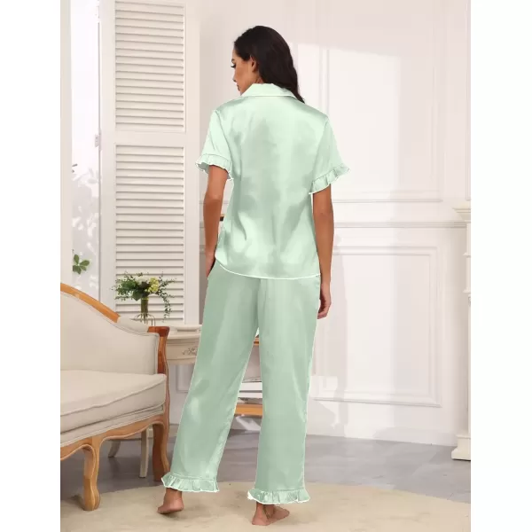 imageEkouaer Silk Pajamas for Women Satin Short Sleeve Pajamas Set with Ruffle 2 Pieces Button Down Tops and PantsLight Green