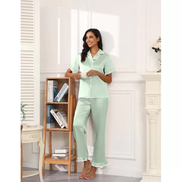 imageEkouaer Silk Pajamas for Women Satin Short Sleeve Pajamas Set with Ruffle 2 Pieces Button Down Tops and PantsLight Green