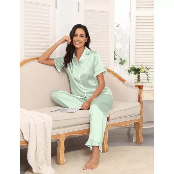 imageEkouaer Silk Pajamas for Women Satin Short Sleeve Pajamas Set with Ruffle 2 Pieces Button Down Tops and PantsLight Green