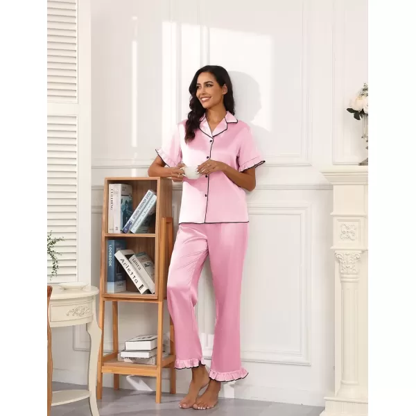 imageEkouaer Silk Pajamas for Women Satin Short Sleeve Pajamas Set with Ruffle 2 Pieces Button Down Tops and PantsPink