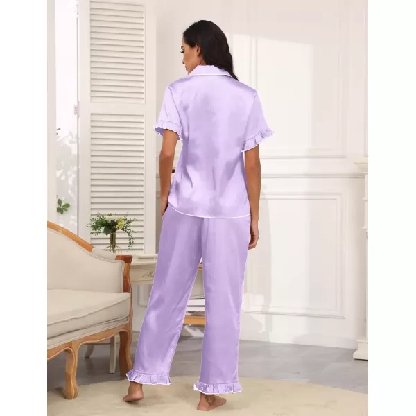 imageEkouaer Silk Pajamas for Women Satin Short Sleeve Pajamas Set with Ruffle 2 Pieces Button Down Tops and PantsPurple