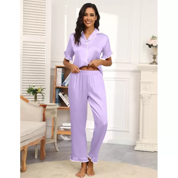 imageEkouaer Silk Pajamas for Women Satin Short Sleeve Pajamas Set with Ruffle 2 Pieces Button Down Tops and PantsPurple