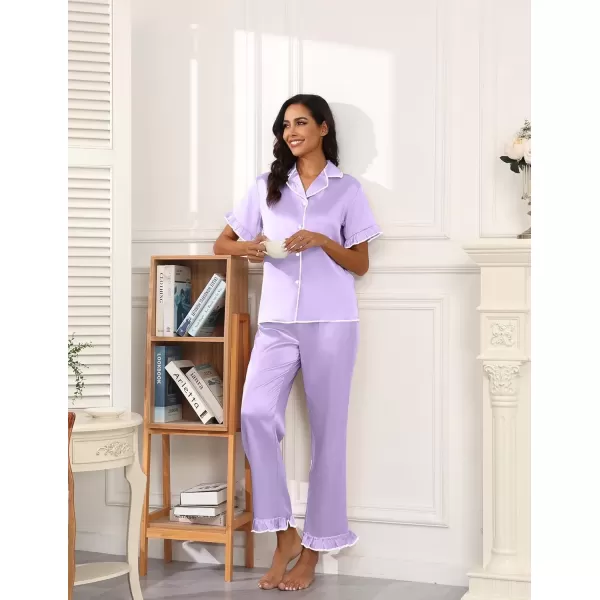 imageEkouaer Silk Pajamas for Women Satin Short Sleeve Pajamas Set with Ruffle 2 Pieces Button Down Tops and PantsPurple