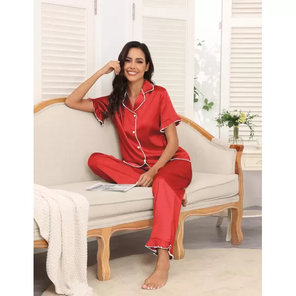 imageEkouaer Silk Pajamas for Women Satin Short Sleeve Pajamas Set with Ruffle 2 Pieces Button Down Tops and PantsRed