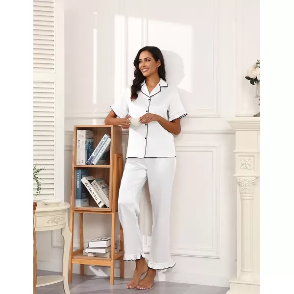 imageEkouaer Silk Pajamas for Women Satin Short Sleeve Pajamas Set with Ruffle 2 Pieces Button Down Tops and PantsWhite