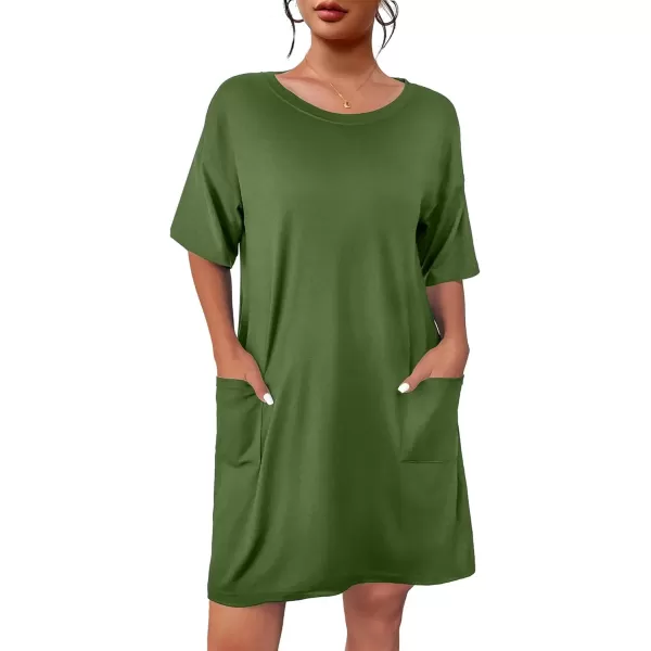 imageEkouaer Sleep Shirts for Women Nightgown Short Sleeves T shirt Night Dress Round Neck Womans Nightgown with Pocket SXXLArmy Green