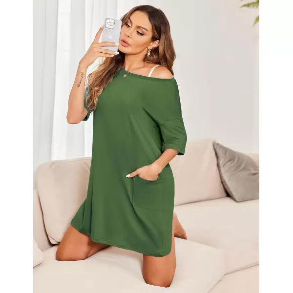 imageEkouaer Sleep Shirts for Women Nightgown Short Sleeves T shirt Night Dress Round Neck Womans Nightgown with Pocket SXXLArmy Green