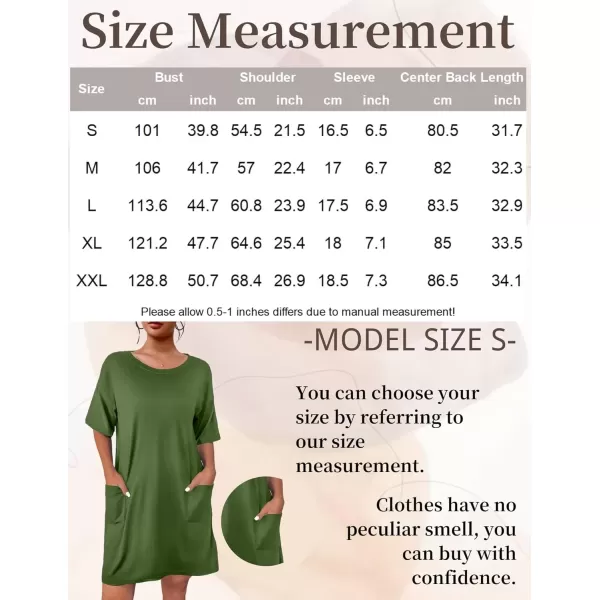 imageEkouaer Sleep Shirts for Women Nightgown Short Sleeves T shirt Night Dress Round Neck Womans Nightgown with Pocket SXXLArmy Green