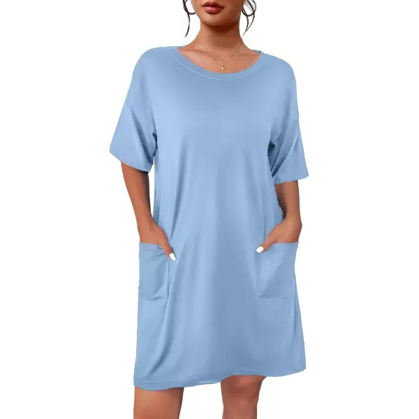 imageEkouaer Sleep Shirts for Women Nightgown Short Sleeves T shirt Night Dress Round Neck Womans Nightgown with Pocket SXXLBaby Blue