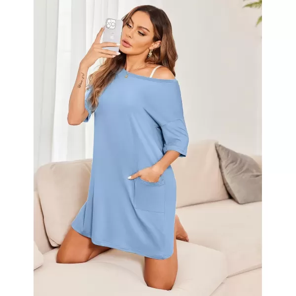 imageEkouaer Sleep Shirts for Women Nightgown Short Sleeves T shirt Night Dress Round Neck Womans Nightgown with Pocket SXXLBaby Blue