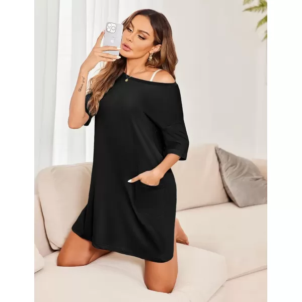 imageEkouaer Sleep Shirts for Women Nightgown Short Sleeves T shirt Night Dress Round Neck Womans Nightgown with Pocket SXXLBlack