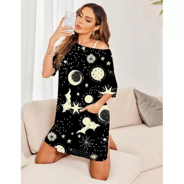 imageEkouaer Sleep Shirts for Women Nightgown Short Sleeves T shirt Night Dress Round Neck Womans Nightgown with Pocket SXXLBlack Moon Star