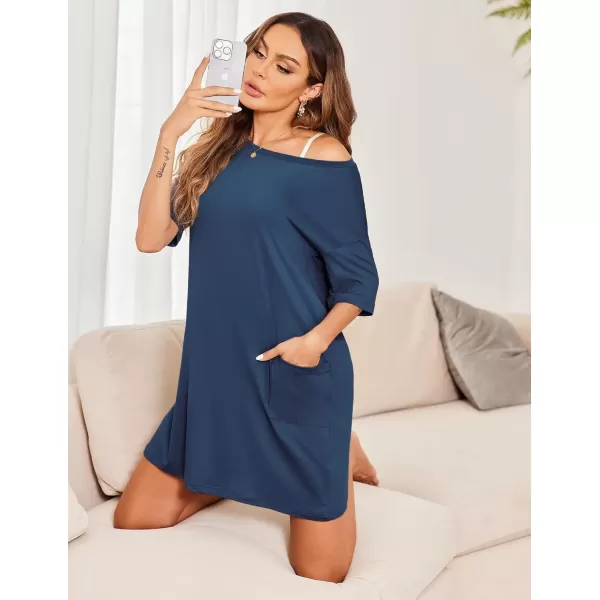 imageEkouaer Sleep Shirts for Women Nightgown Short Sleeves T shirt Night Dress Round Neck Womans Nightgown with Pocket SXXLBlue