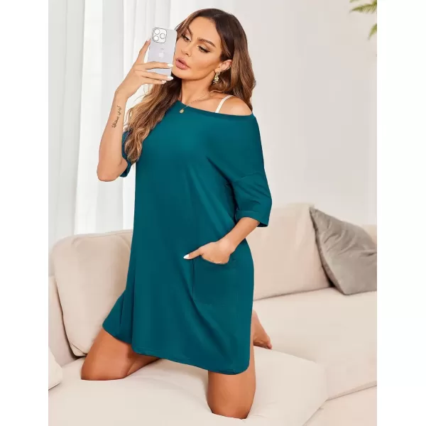 imageEkouaer Sleep Shirts for Women Nightgown Short Sleeves T shirt Night Dress Round Neck Womans Nightgown with Pocket SXXLBlue Green