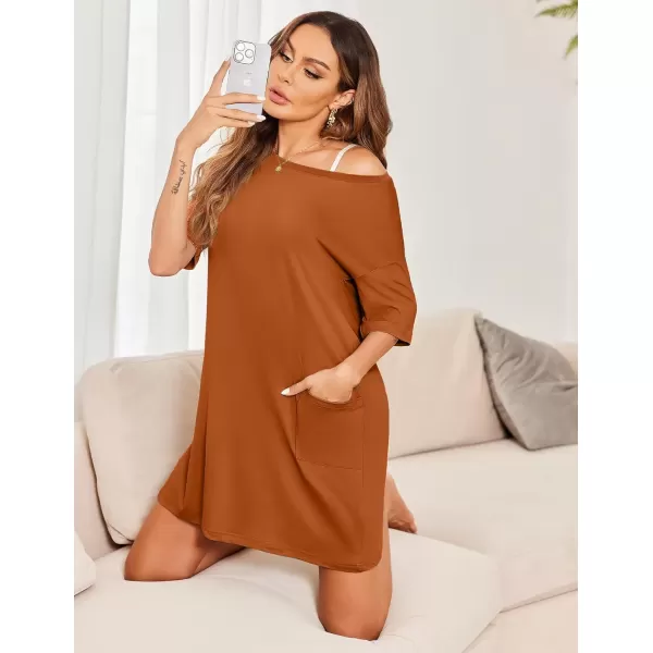 imageEkouaer Sleep Shirts for Women Nightgown Short Sleeves T shirt Night Dress Round Neck Womans Nightgown with Pocket SXXLCaramel