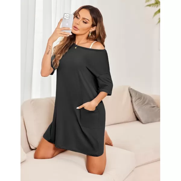 imageEkouaer Sleep Shirts for Women Nightgown Short Sleeves T shirt Night Dress Round Neck Womans Nightgown with Pocket SXXLGrey