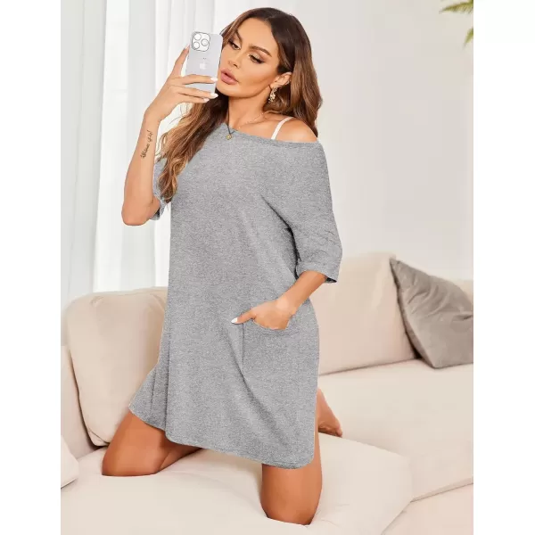 imageEkouaer Sleep Shirts for Women Nightgown Short Sleeves T shirt Night Dress Round Neck Womans Nightgown with Pocket SXXLLight Grey