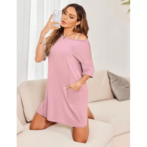 imageEkouaer Sleep Shirts for Women Nightgown Short Sleeves T shirt Night Dress Round Neck Womans Nightgown with Pocket SXXLPink