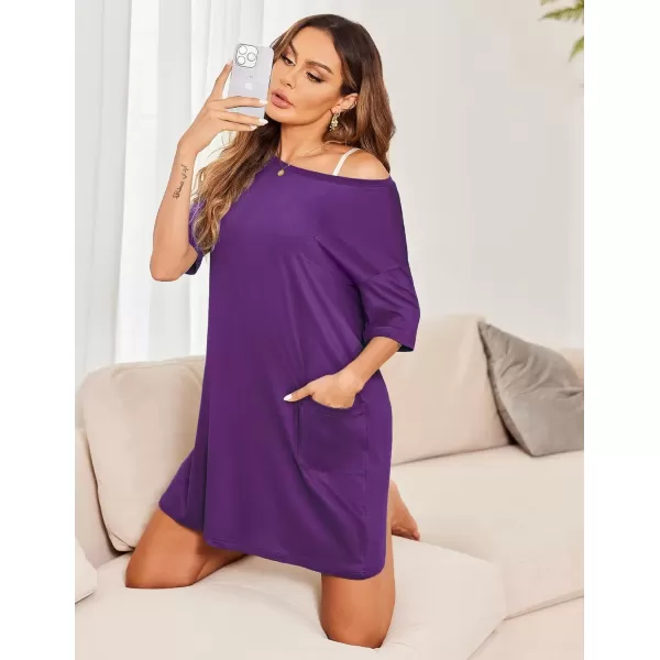 imageEkouaer Sleep Shirts for Women Nightgown Short Sleeves T shirt Night Dress Round Neck Womans Nightgown with Pocket SXXLPurple