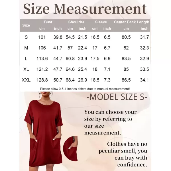 imageEkouaer Sleep Shirts for Women Nightgown Short Sleeves T shirt Night Dress Round Neck Womans Nightgown with Pocket SXXLWine Red