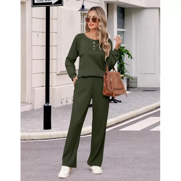 imageEkouaer Waffle Knit Pajamas for Women Set Long Sleeve Pants Pj Henley Tops Lounge Sets Comfy Sleepwear with PocketsArmy Green