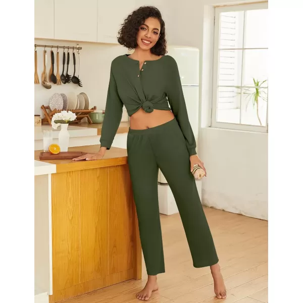 imageEkouaer Waffle Knit Pajamas for Women Set Long Sleeve Pants Pj Henley Tops Lounge Sets Comfy Sleepwear with PocketsArmy Green