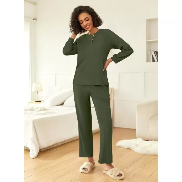 imageEkouaer Waffle Knit Pajamas for Women Set Long Sleeve Pants Pj Henley Tops Lounge Sets Comfy Sleepwear with PocketsArmy Green