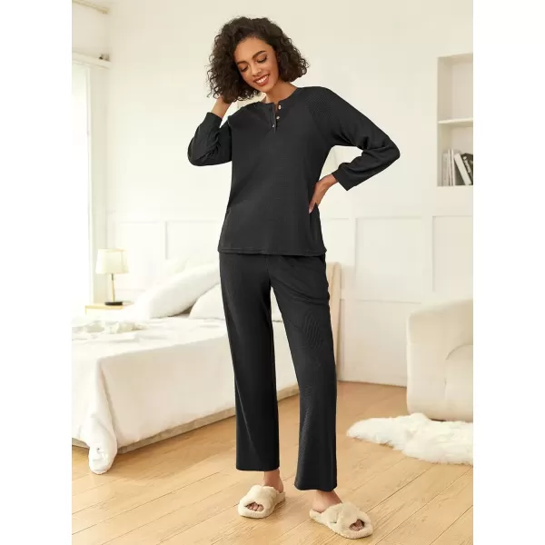 imageEkouaer Waffle Knit Pajamas for Women Set Long Sleeve Pants Pj Henley Tops Lounge Sets Comfy Sleepwear with PocketsBlack