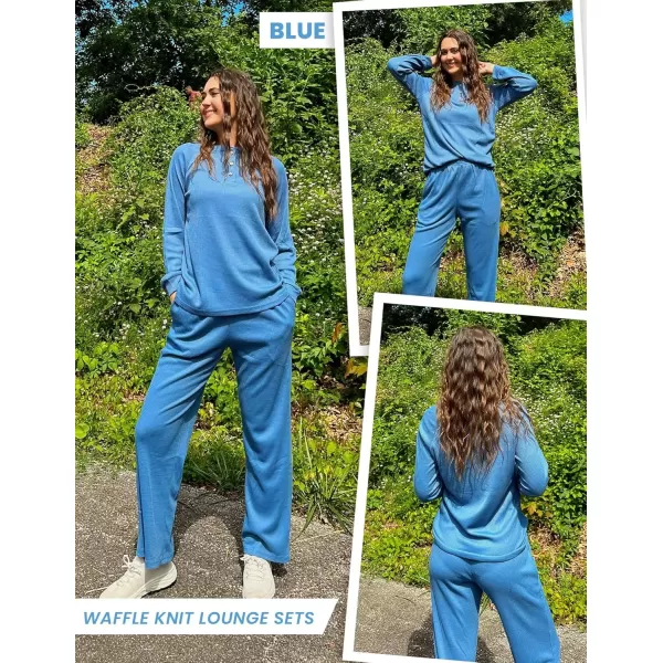 imageEkouaer Waffle Knit Pajamas for Women Set Long Sleeve Pants Pj Henley Tops Lounge Sets Comfy Sleepwear with PocketsBlue