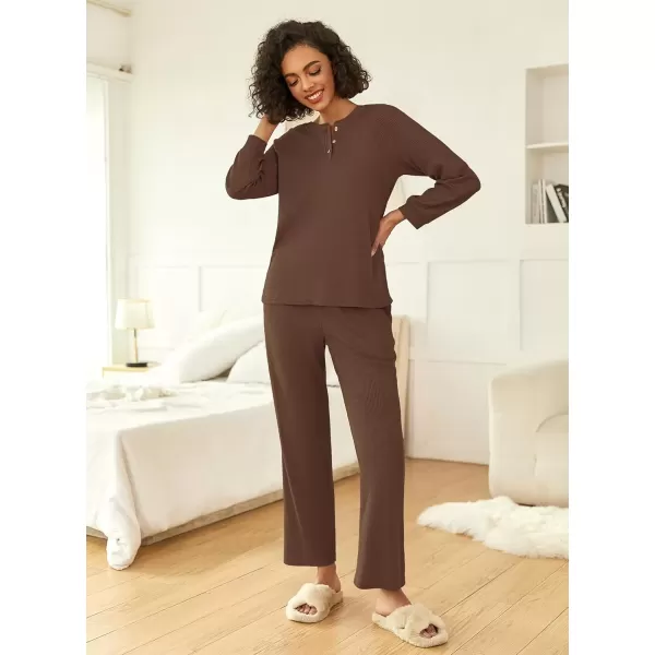 imageEkouaer Waffle Knit Pajamas for Women Set Long Sleeve Pants Pj Henley Tops Lounge Sets Comfy Sleepwear with PocketsBrown