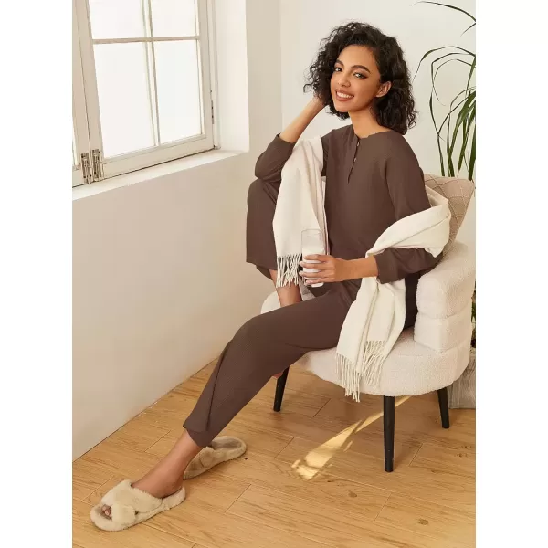 imageEkouaer Waffle Knit Pajamas for Women Set Long Sleeve Pants Pj Henley Tops Lounge Sets Comfy Sleepwear with PocketsBrown