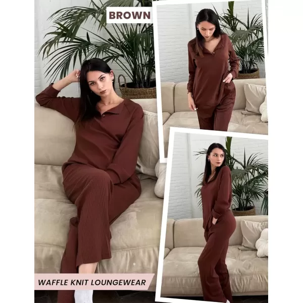 imageEkouaer Waffle Knit Pajamas for Women Set Long Sleeve Pants Pj Henley Tops Lounge Sets Comfy Sleepwear with PocketsBrown