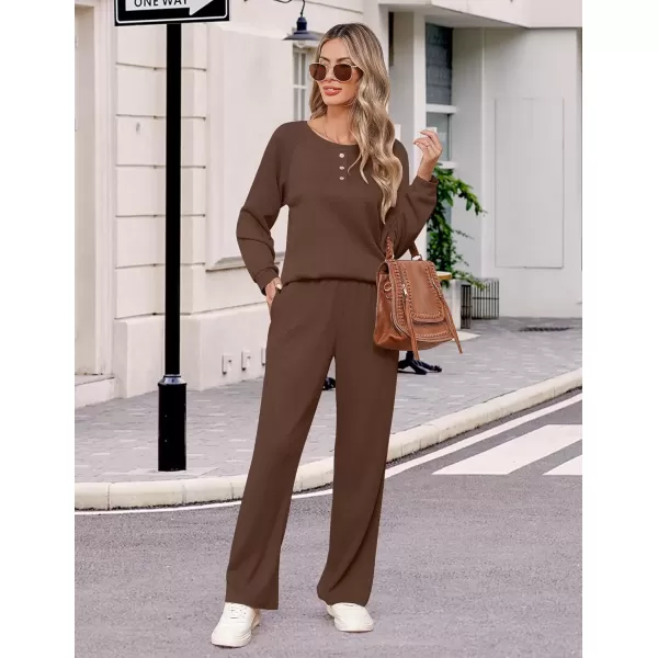 imageEkouaer Waffle Knit Pajamas for Women Set Long Sleeve Pants Pj Henley Tops Lounge Sets Comfy Sleepwear with PocketsBrown