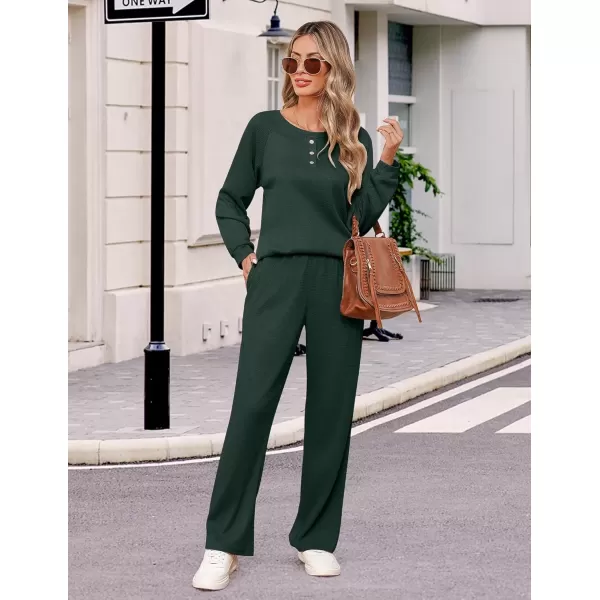 imageEkouaer Waffle Knit Pajamas for Women Set Long Sleeve Pants Pj Henley Tops Lounge Sets Comfy Sleepwear with PocketsDark Green