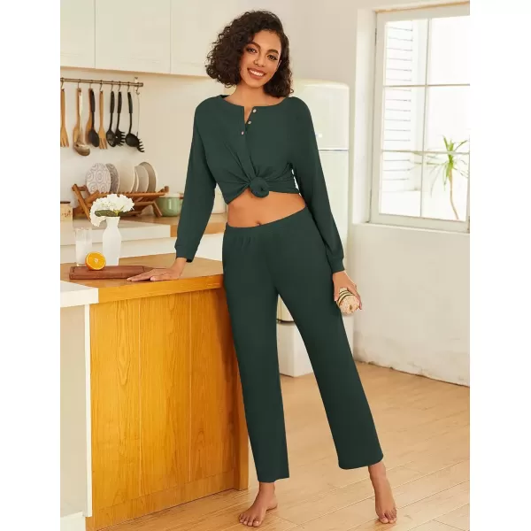 imageEkouaer Waffle Knit Pajamas for Women Set Long Sleeve Pants Pj Henley Tops Lounge Sets Comfy Sleepwear with PocketsDark Green